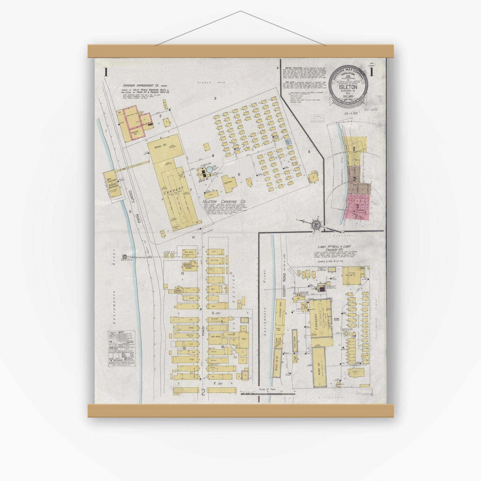 Old map wall art mockup — magnetic wood frame on white wall — Sanborn Fire Insurance Map from Isleton, Sacramento County, California (1925) - Complete Map Set