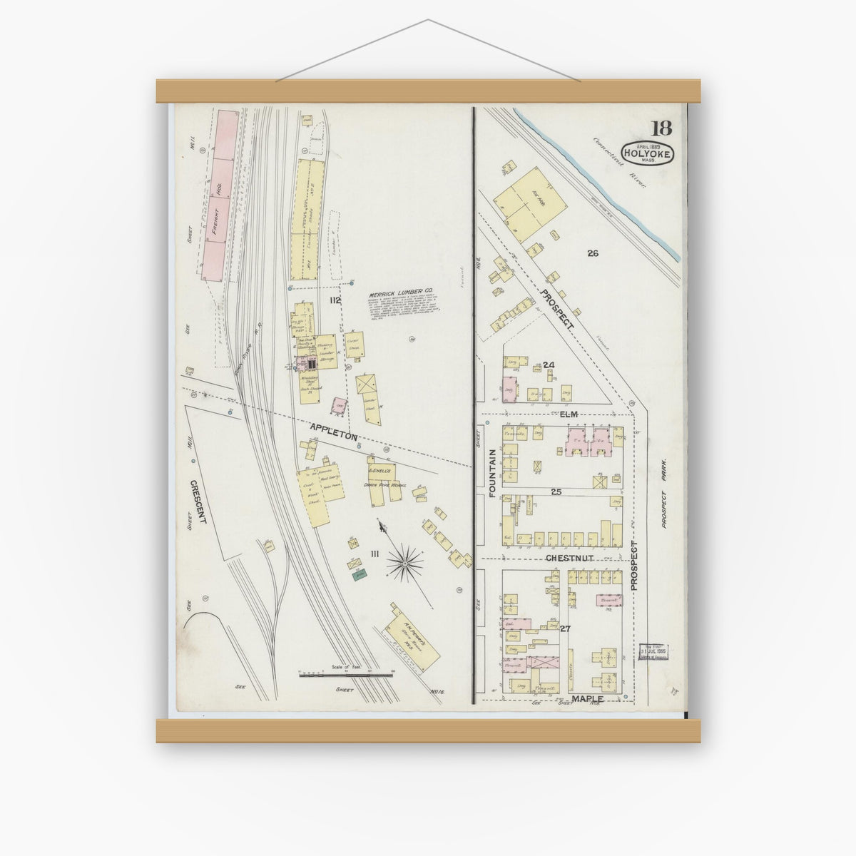 Old map wall art mockup — magnetic wood frame on white wall — Sanborn Fire Insurance Map from Holyoke, Hampden County, Massachusetts (1889), Sheet #0018