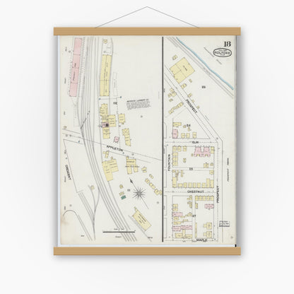 Old map wall art mockup — magnetic wood frame on white wall — Sanborn Fire Insurance Map from Holyoke, Hampden County, Massachusetts (1889), Sheet #0018