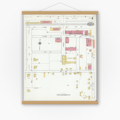 Old map wall art mockup — magnetic wood frame on white wall — Sanborn Fire Insurance Map from Hickory, Catawba County, North Carolina (1919), Sheet #0004