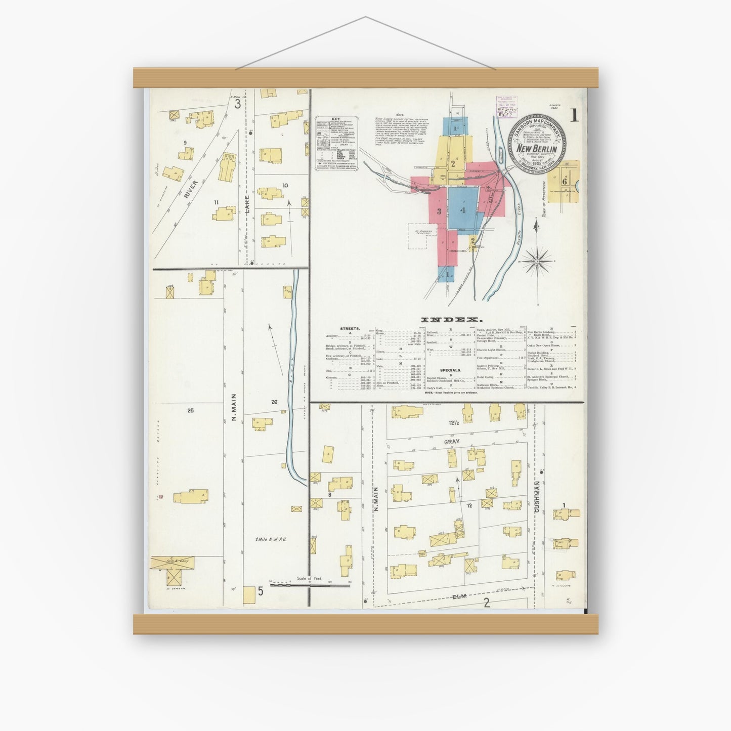 Old map wall art mockup — magnetic wood frame on white wall — Sanborn Fire Insurance Map from New Berlin, Chenango County, New York (1905) - Complete Map Set