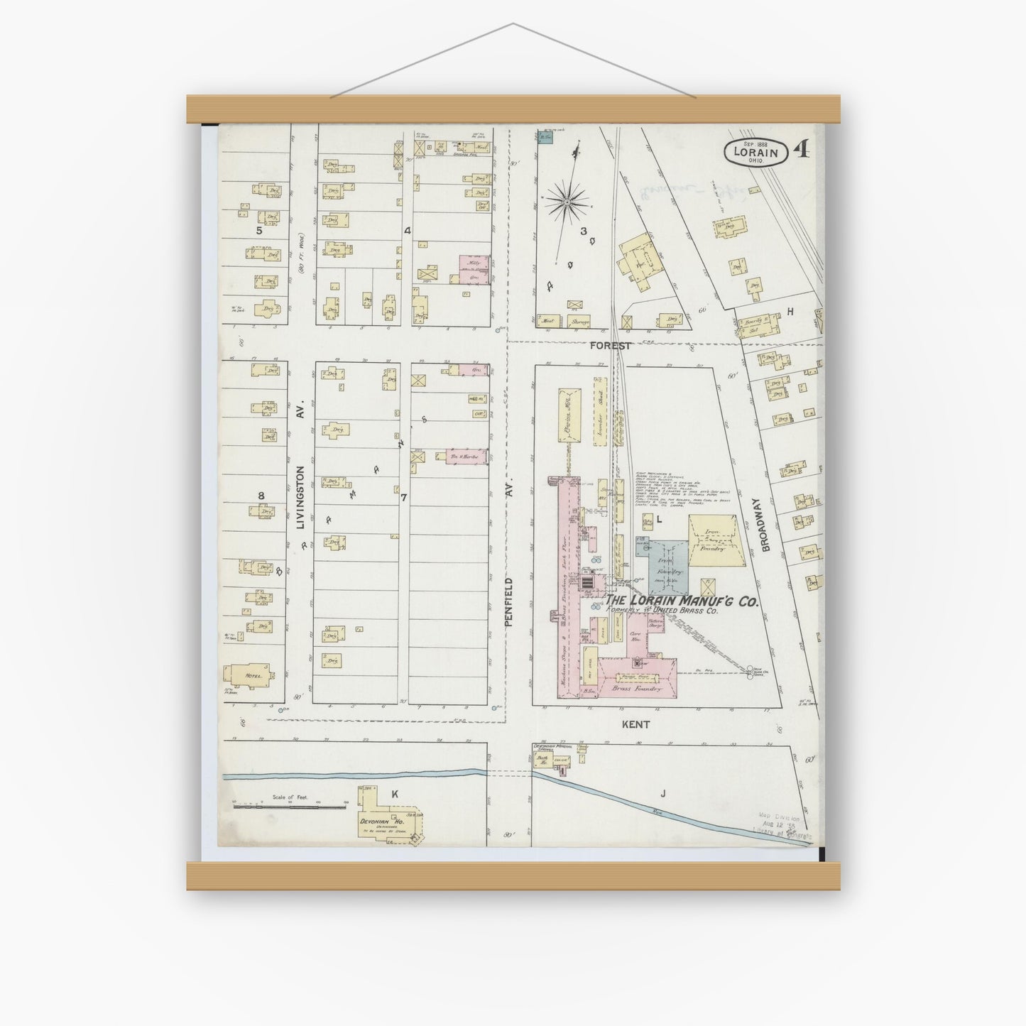 Old map wall art mockup — magnetic wood frame on white wall — Sanborn Fire Insurance Map from Lorain, Lorain County, Ohio (1888), Sheet #0004