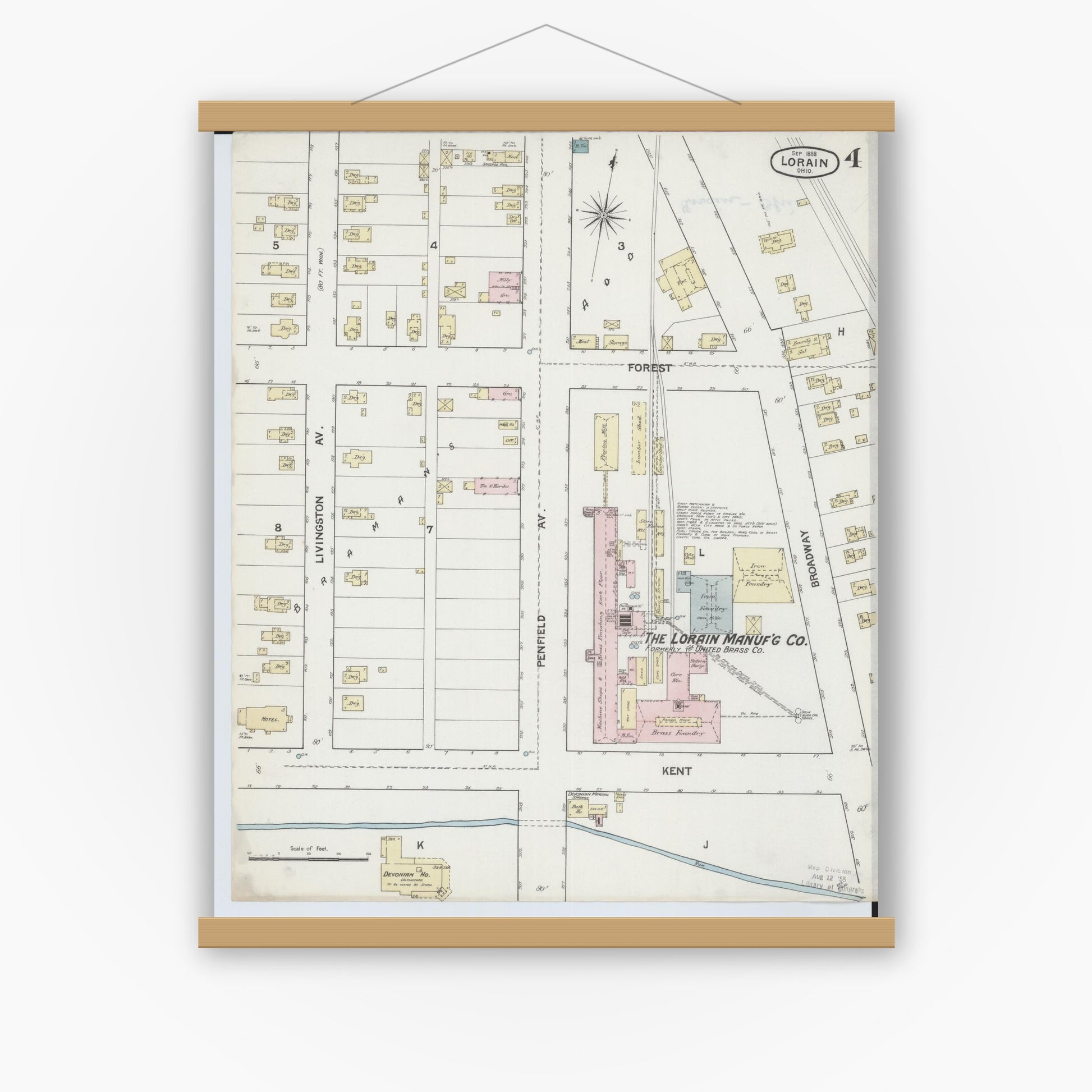 Old map wall art mockup — magnetic wood frame on white wall — Sanborn Fire Insurance Map from Lorain, Lorain County, Ohio (1888), Sheet #0004