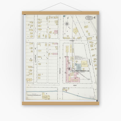 Old map wall art mockup — magnetic wood frame on white wall — Sanborn Fire Insurance Map from Lorain, Lorain County, Ohio (1888), Sheet #0004