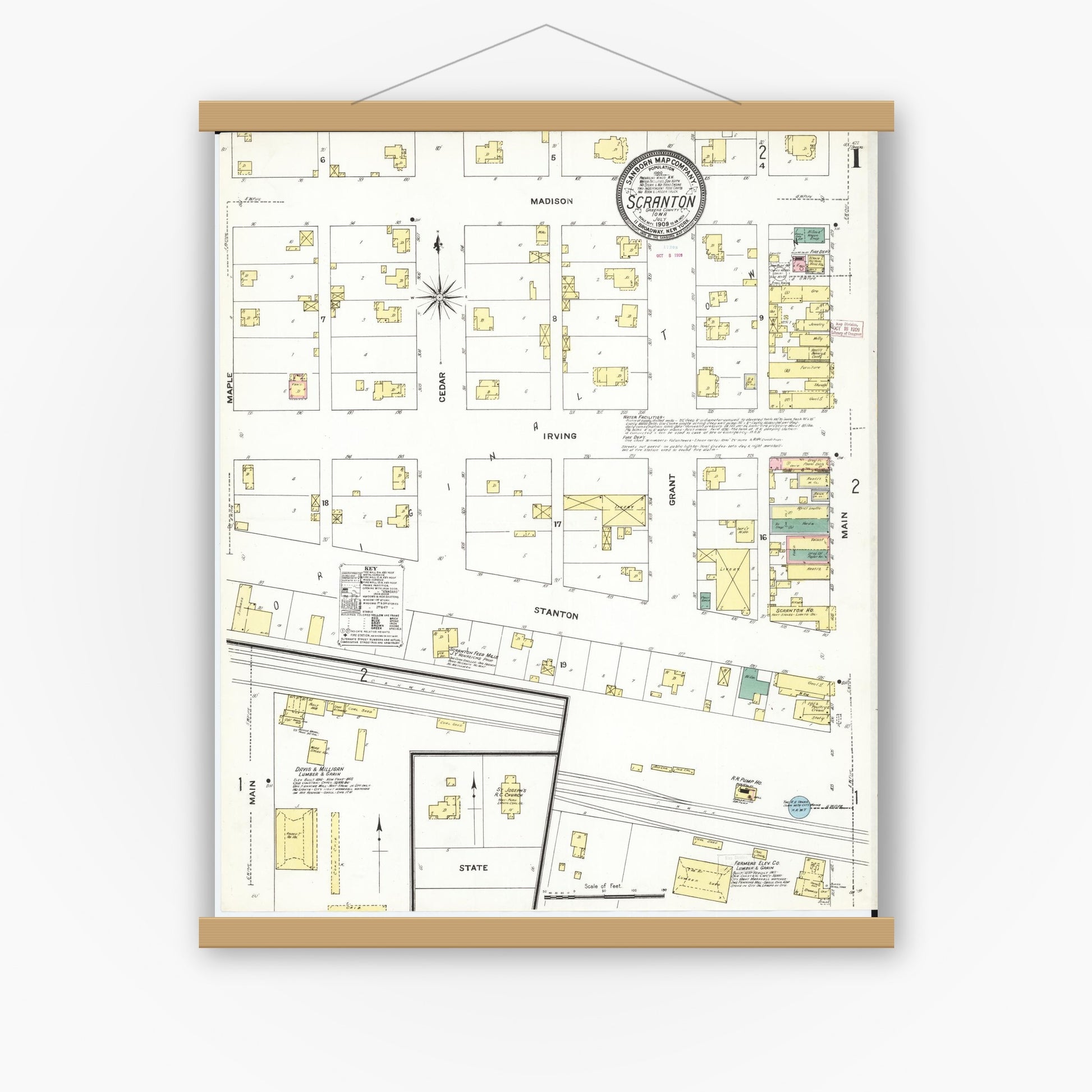 Old map wall art mockup — magnetic wood frame on white wall — Sanborn Fire Insurance Map from Scranton, Greene County, Iowa (1909), Sheet #0001