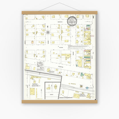 Old map wall art mockup — magnetic wood frame on white wall — Sanborn Fire Insurance Map from Scranton, Greene County, Iowa (1909), Sheet #0001