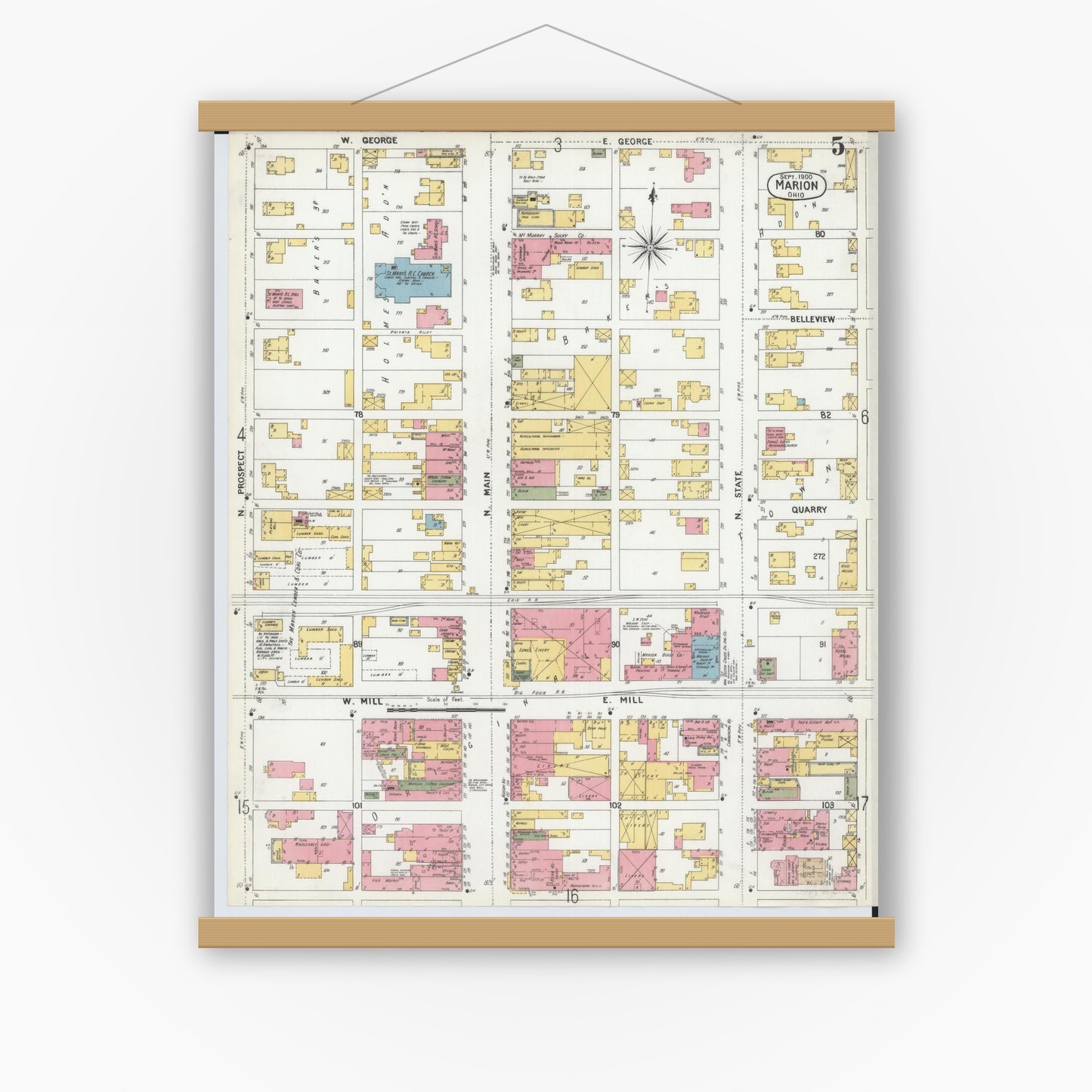 Old map wall art mockup — magnetic wood frame on white wall — Sanborn Fire Insurance Map from Marion, Marion County, Ohio (1900), Sheet #0005