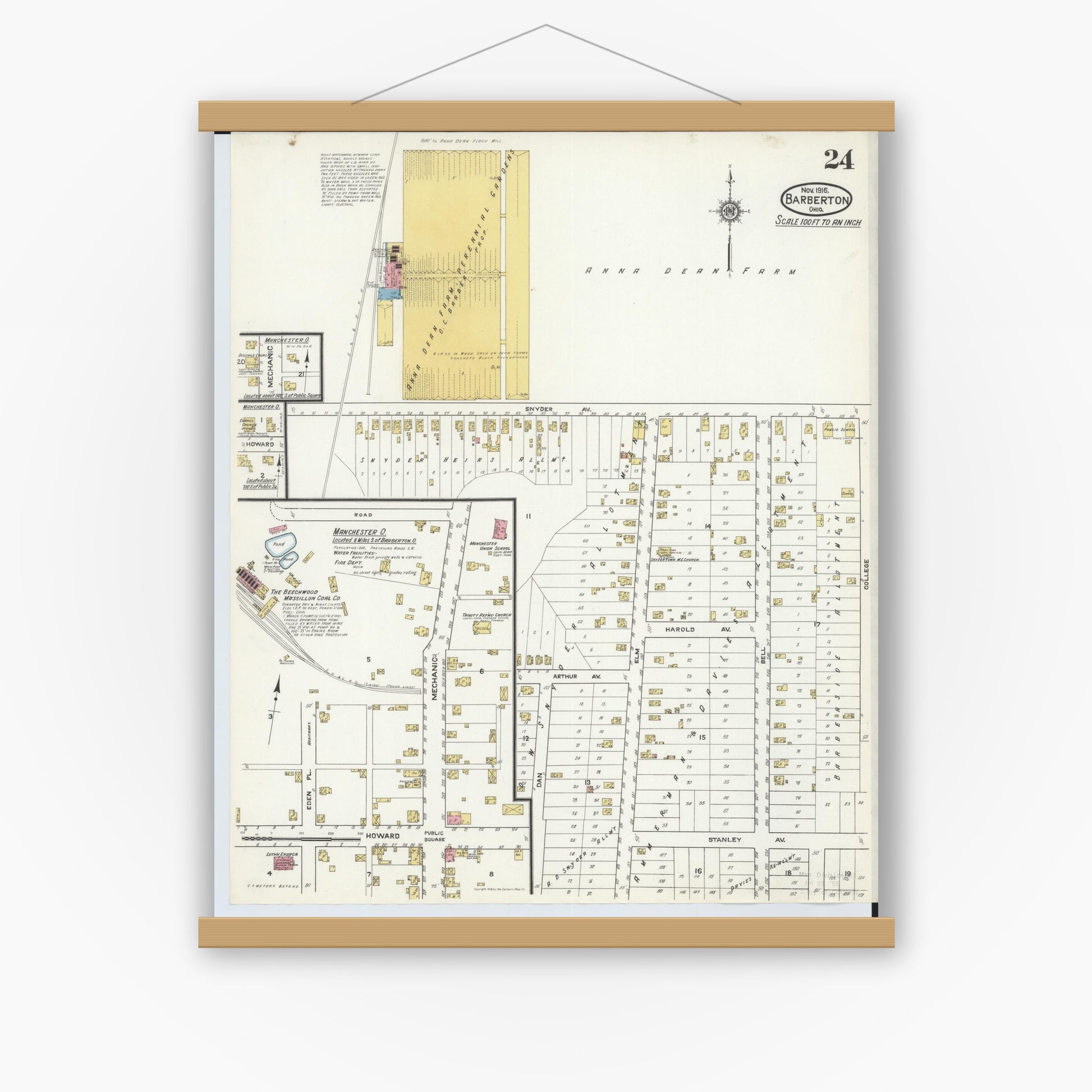 Old map wall art mockup — magnetic wood frame on white wall — Sanborn Fire Insurance Map from Barberton, Summit County, Ohio (1916), Sheet #0024