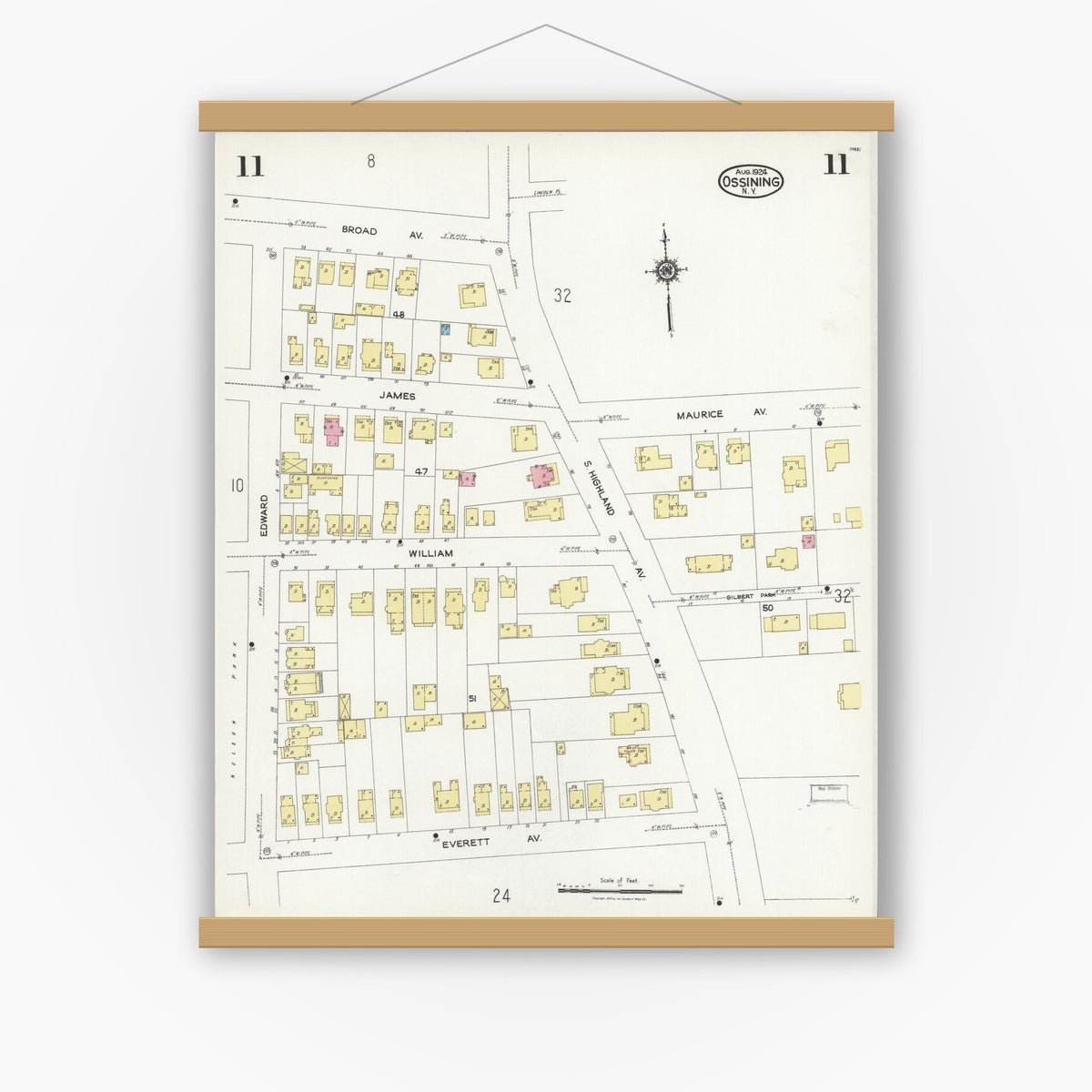 Old map wall art mockup — magnetic wood frame on white wall — Sanborn Fire Insurance Map from Ossining, Westchester County, New York (1924), Sheet #0011
