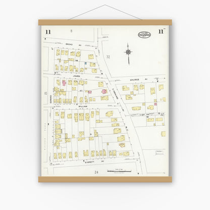 Old map wall art mockup — magnetic wood frame on white wall — Sanborn Fire Insurance Map from Ossining, Westchester County, New York (1924), Sheet #0011