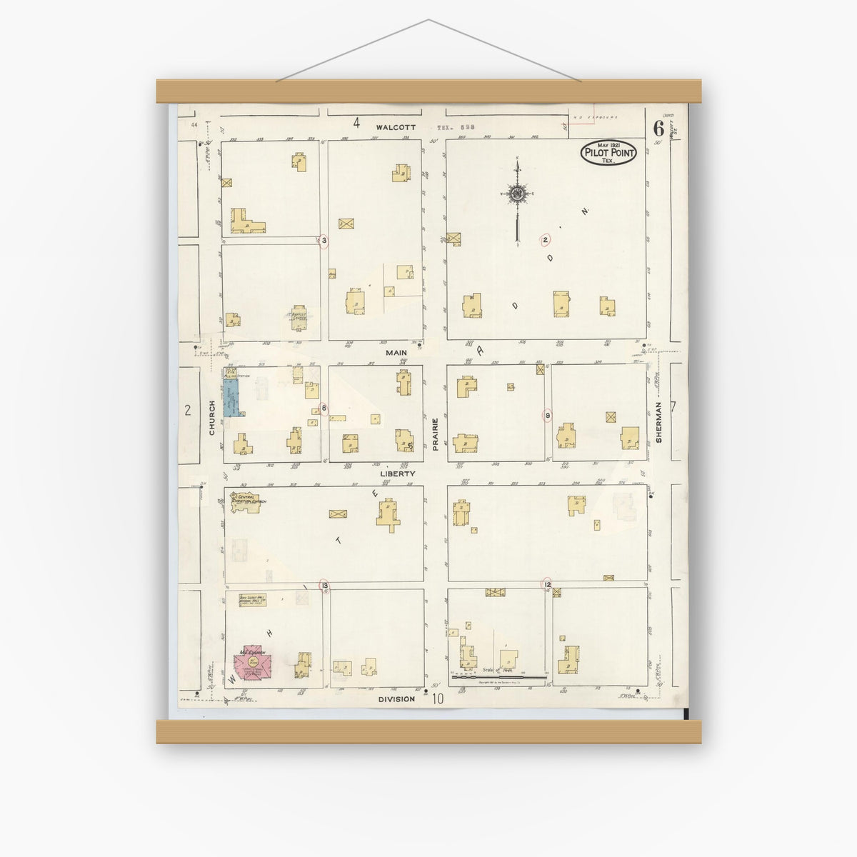 Old map wall art mockup — magnetic wood frame on white wall — Sanborn Fire Insurance Map from Pilot Point, Denton County, Texas (1940), Sheet #0006