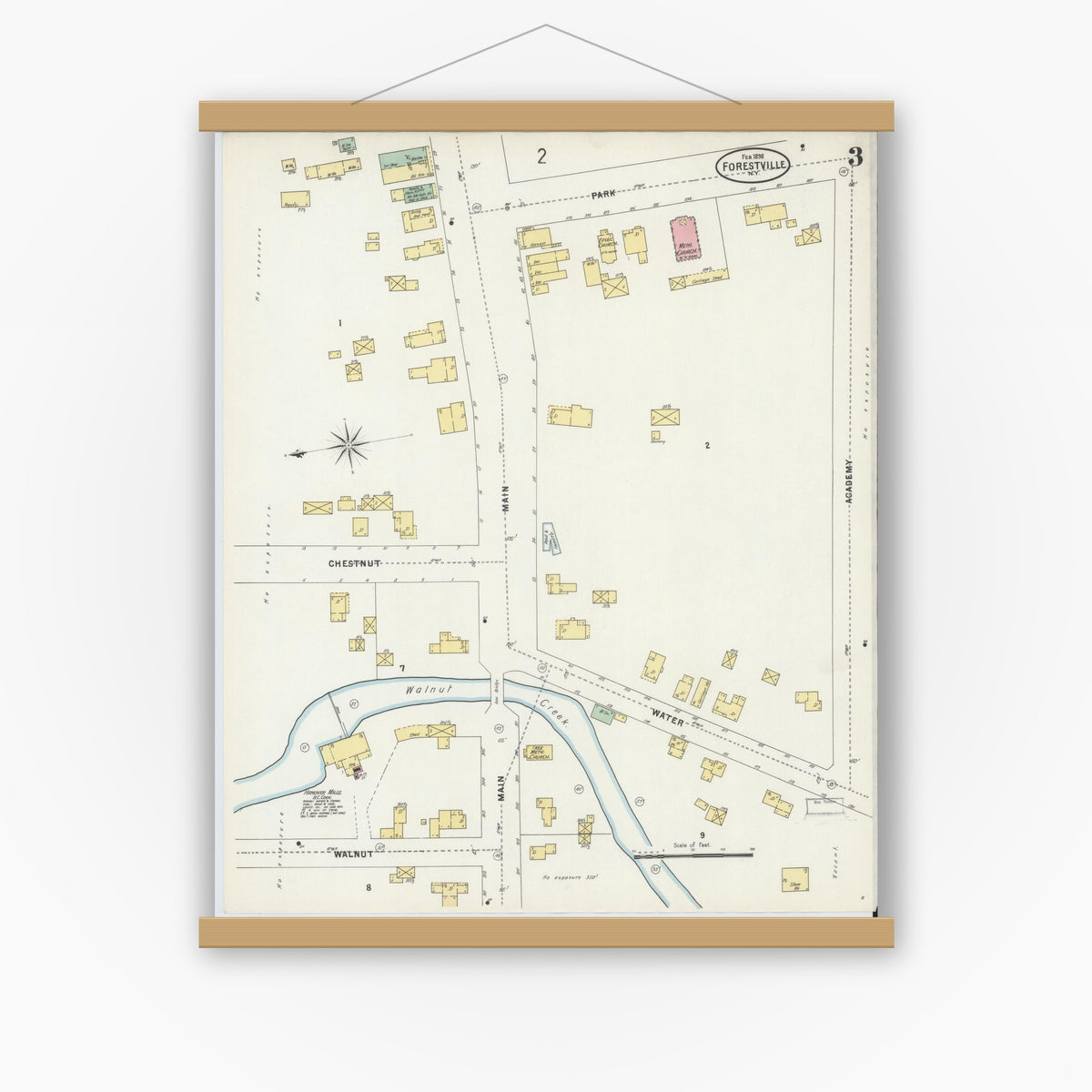 Old map wall art mockup — magnetic wood frame on white wall — Sanborn Fire Insurance Map from Forestville, Chautauqua County, New York (1898), Sheet #0003