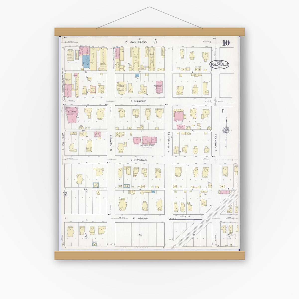 Old map wall art mockup — magnetic wood frame on white wall — Sanborn Fire Insurance Map from Taylorville, Christian County, Illinois (1914), Sheet #0010