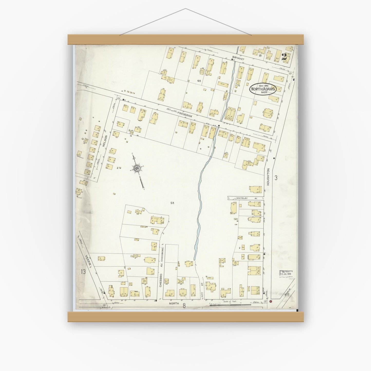 Old map wall art mockup — magnetic wood frame on white wall — Sanborn Fire Insurance Map from North Adams, Berkshire County, Massachusetts (1914), Sheet #0002