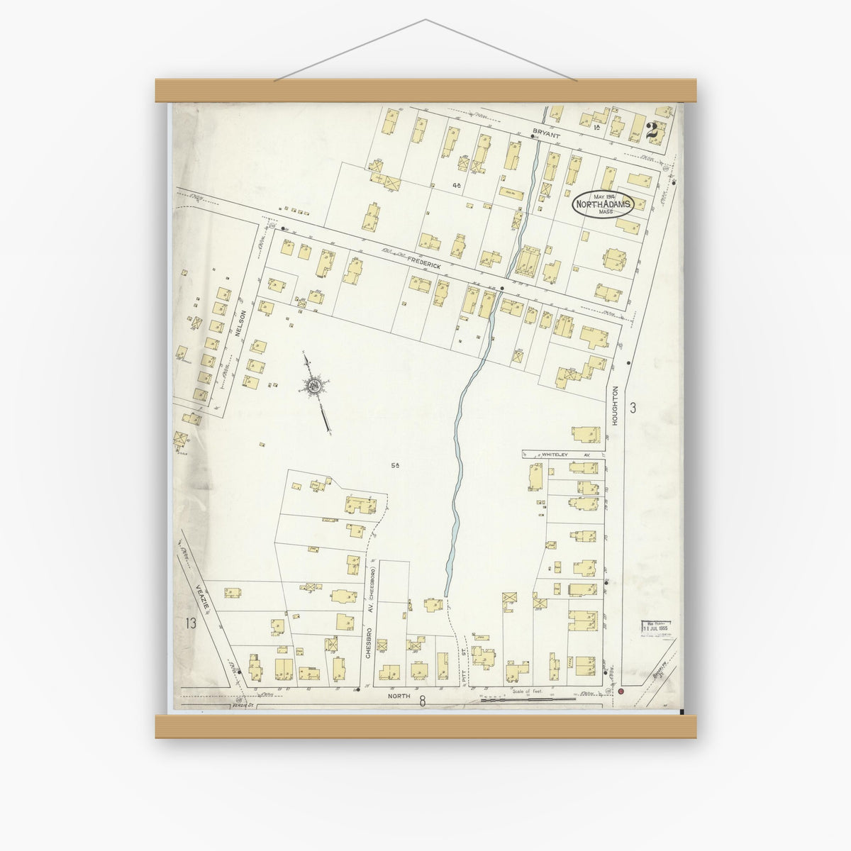 Old map wall art mockup — magnetic wood frame on white wall — Sanborn Fire Insurance Map from North Adams, Berkshire County, Massachusetts (1914), Sheet #0002