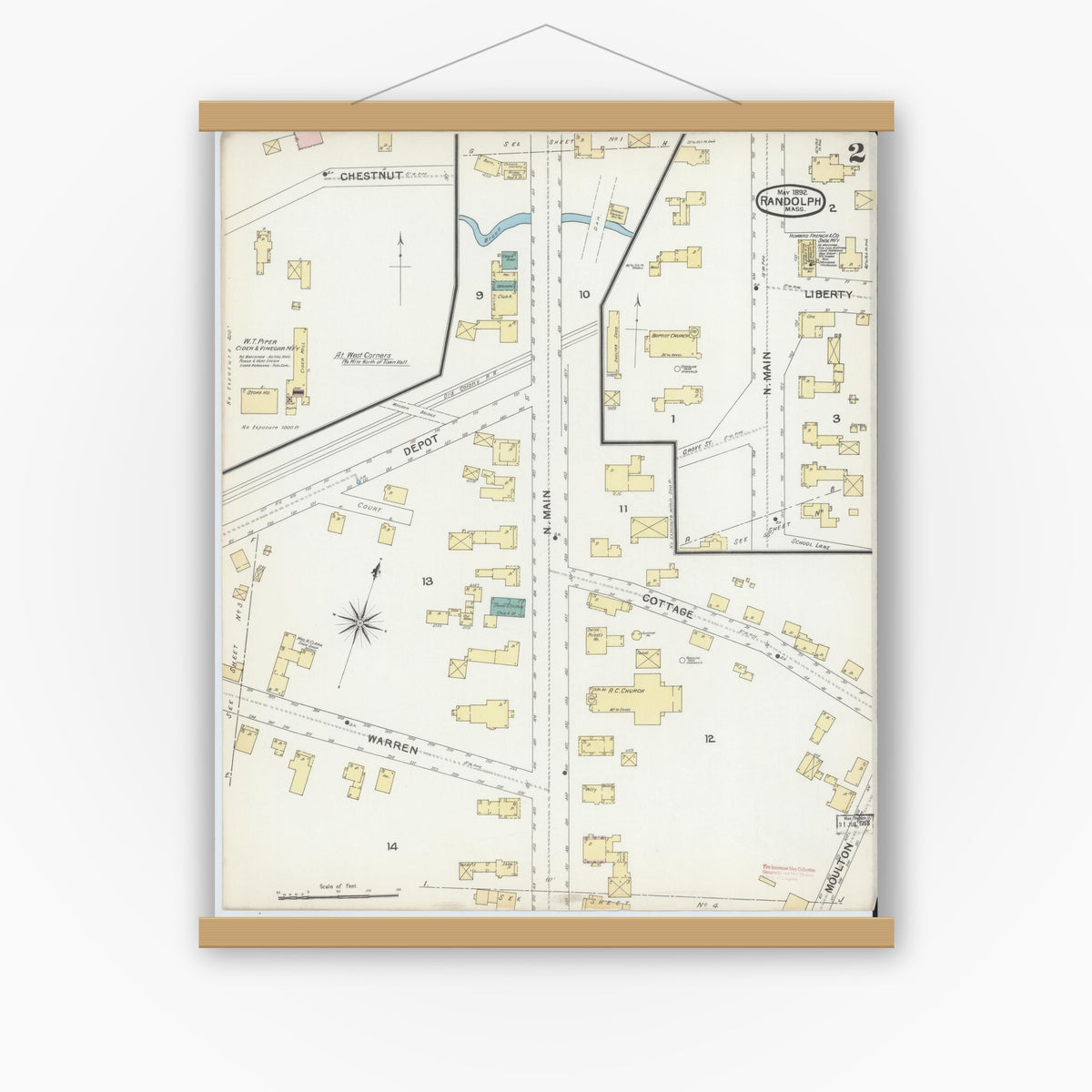 Old map wall art mockup — magnetic wood frame on white wall — Sanborn Fire Insurance Map from Randolph, Norfolk County, Massachusetts (1892), Sheet #0002