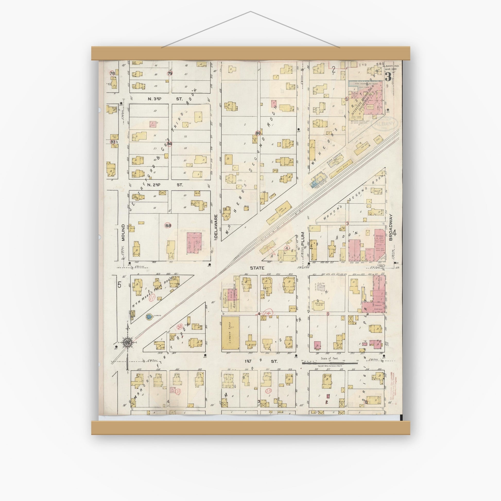 Old map wall art mockup — magnetic wood frame on white wall — Sanborn Fire Insurance Map from Albany, Delaware County, Indiana (1943), Sheet #0003
