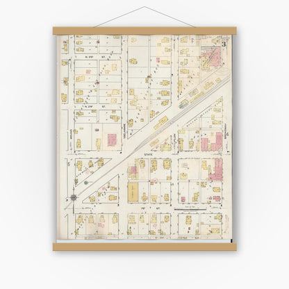 Old map wall art mockup — magnetic wood frame on white wall — Sanborn Fire Insurance Map from Albany, Delaware County, Indiana (1943), Sheet #0003