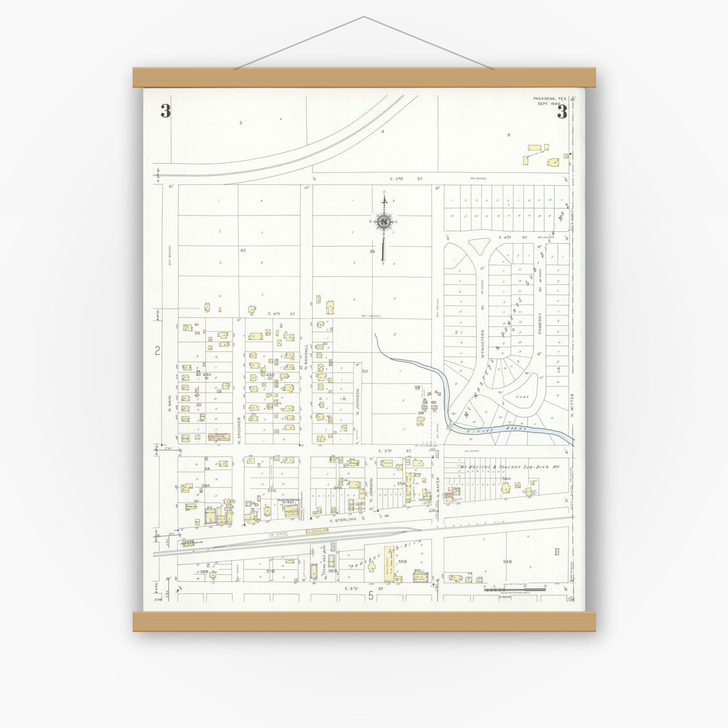 Old map wall art mockup — magnetic wood frame on white wall — Sanborn Fire Insurance Map from Pasadena, Harris County, Texas (1940), Sheet #0003