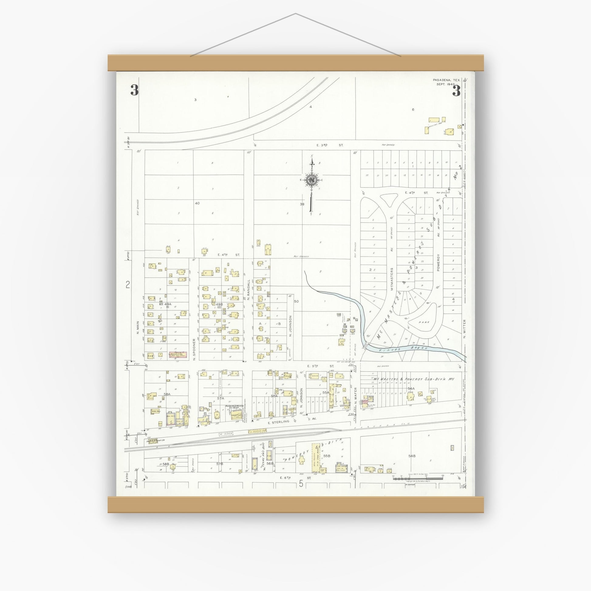 Old map wall art mockup — magnetic wood frame on white wall — Sanborn Fire Insurance Map from Pasadena, Harris County, Texas (1940), Sheet #0003