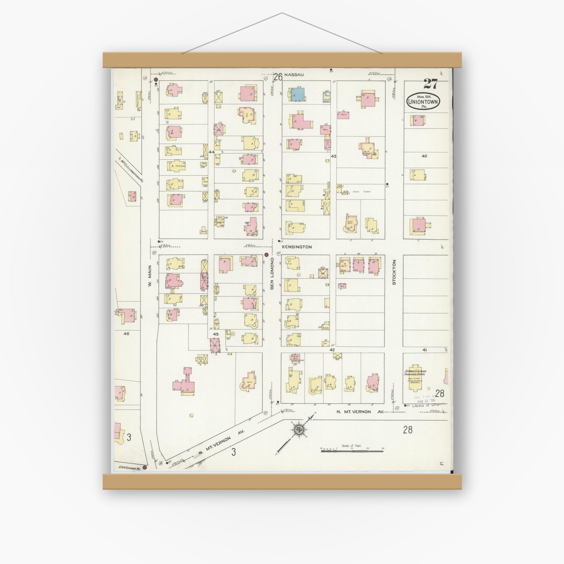 Old map wall art mockup — magnetic wood frame on white wall — Sanborn Fire Insurance Map from Uniontown, Fayette County, Pennsylvania (1914), Sheet #0027