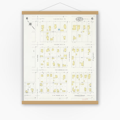 Old map wall art mockup — magnetic wood frame on white wall — Sanborn Fire Insurance Map from Lake City, Wabasha County, Minnesota (1930), Sheet #0006