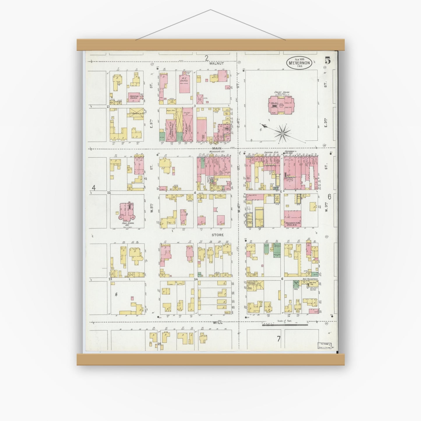 Old map wall art mockup — magnetic wood frame on white wall — Sanborn Fire Insurance Map from Mount Vernon, Posey County, Indiana (1899), Sheet #0005