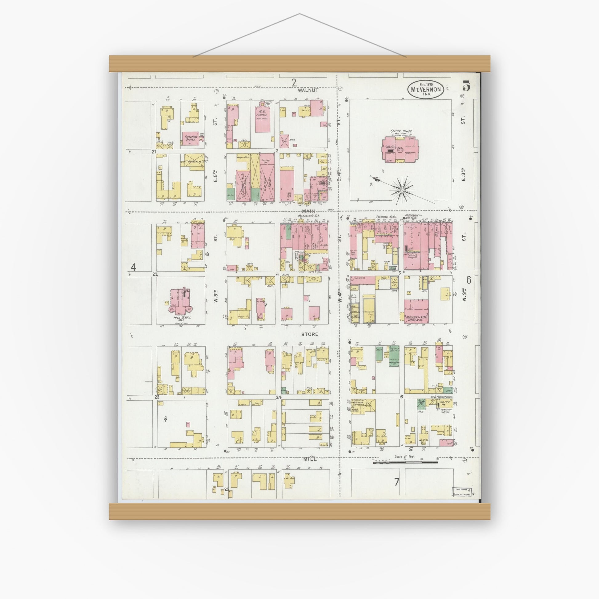 Old map wall art mockup — magnetic wood frame on white wall — Sanborn Fire Insurance Map from Mount Vernon, Posey County, Indiana (1899), Sheet #0005