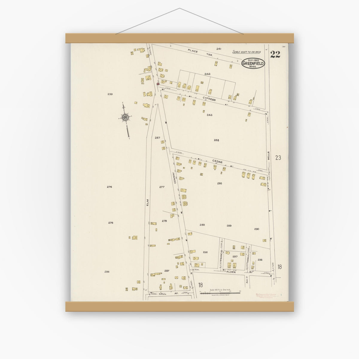Old map wall art mockup — magnetic wood frame on white wall — Sanborn Fire Insurance Map from Greenfield, Franklin County, Massachusetts (1922), Sheet #0022