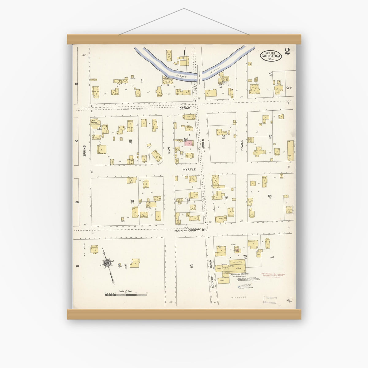 Old map wall art mockup — magnetic wood frame on white wall — Sanborn Fire Insurance Map from Calistoga, Napa County, California (1910), Sheet #0002