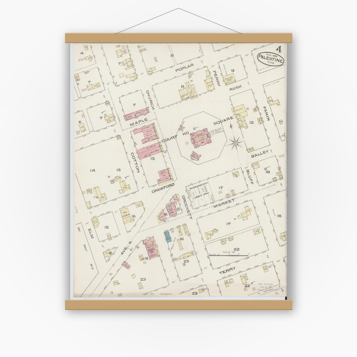 Old map wall art mockup — magnetic wood frame on white wall — Sanborn Fire Insurance Map from Palestine, Anderson County, Texas (1885), Sheet #0004