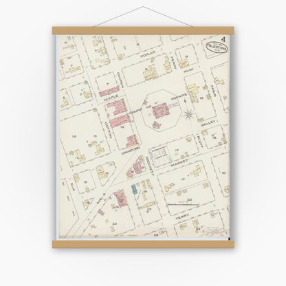 Old map wall art mockup — magnetic wood frame on white wall — Sanborn Fire Insurance Map from Palestine, Anderson County, Texas (1885), Sheet #0004