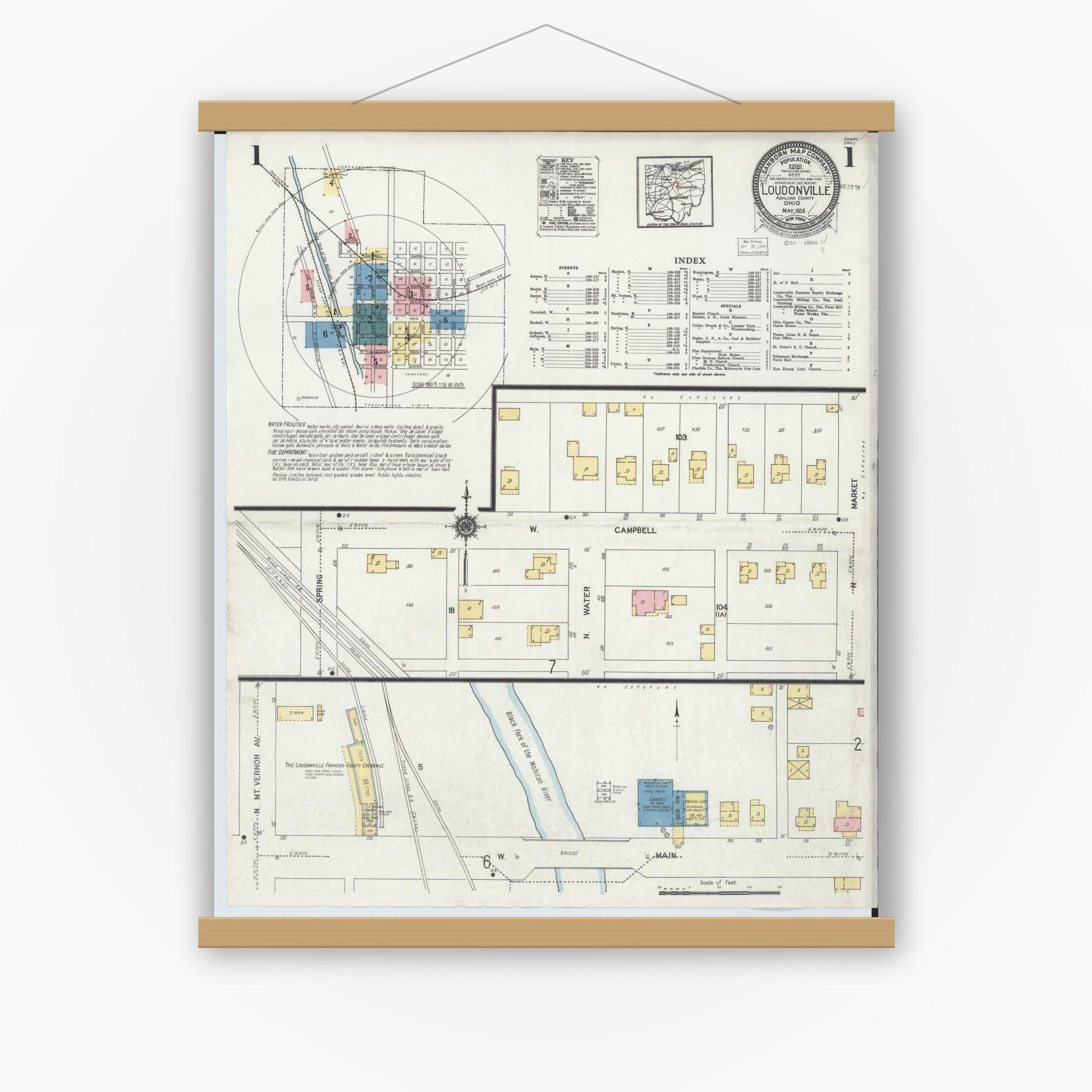 Old map wall art mockup — magnetic wood frame on white wall — Sanborn Fire Insurance Map from Loudonville, Ashland County, Ohio (1924), Sheet #0001