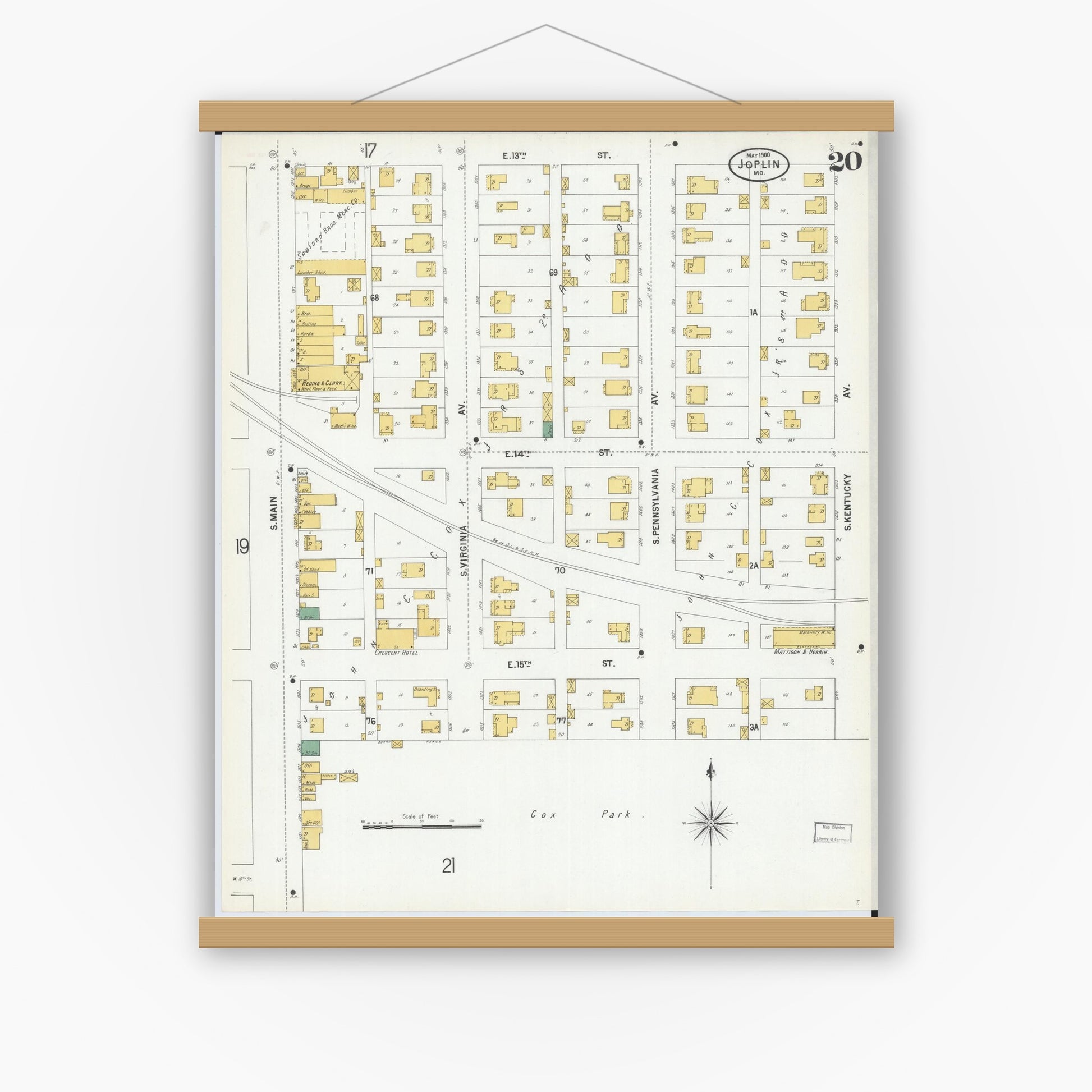 Old map wall art mockup — magnetic wood frame on white wall — Sanborn Fire Insurance Map from Joplin, Jasper County, Missouri (1900), Sheet #0020