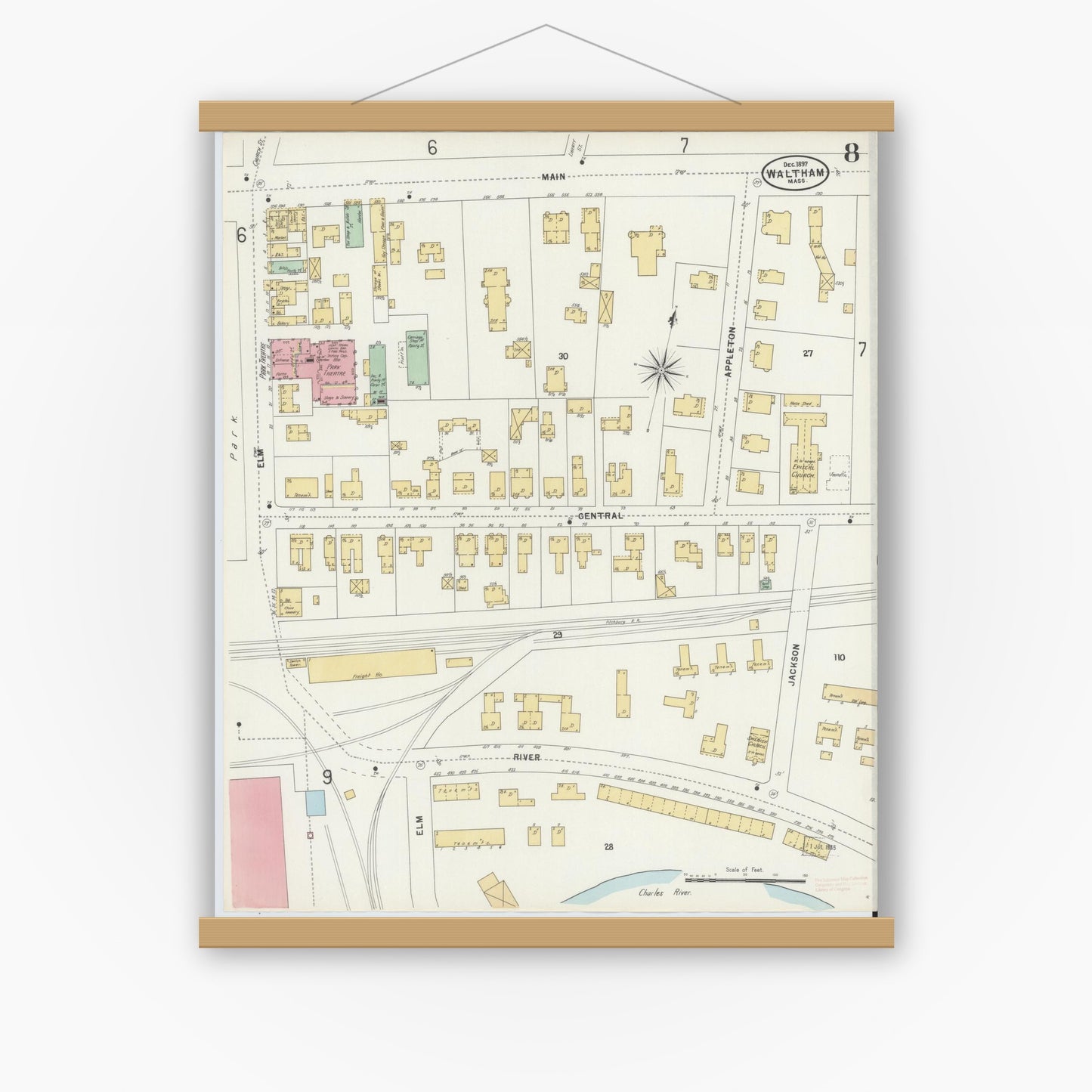 Old map wall art mockup — magnetic wood frame on white wall — Sanborn Fire Insurance Map from Waltham, Middlesex County, Massachusetts (1897), Sheet #0008