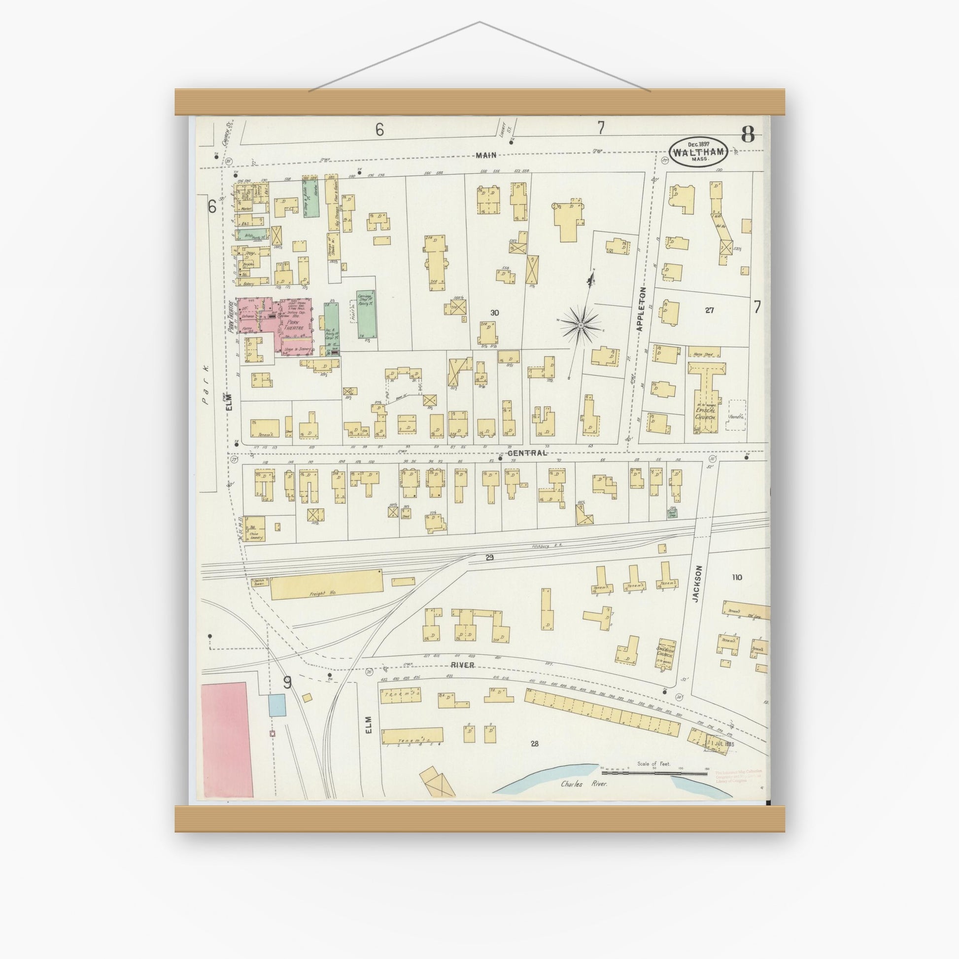 Old map wall art mockup — magnetic wood frame on white wall — Sanborn Fire Insurance Map from Waltham, Middlesex County, Massachusetts (1897), Sheet #0008
