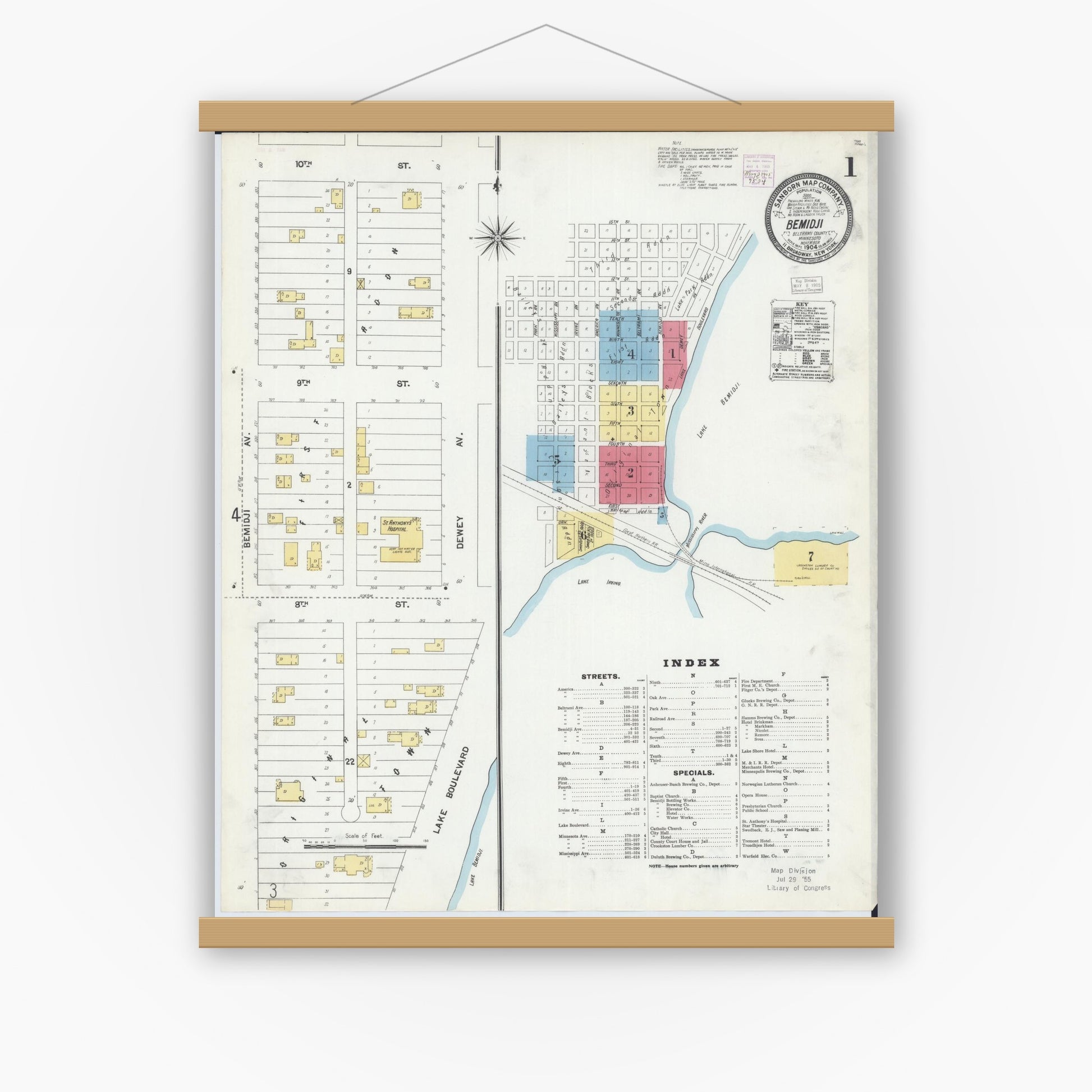 Old map wall art mockup — magnetic wood frame on white wall — Sanborn Fire Insurance Map from Bemidji, Beltrami County, Minnesota (1904), Sheet #0001