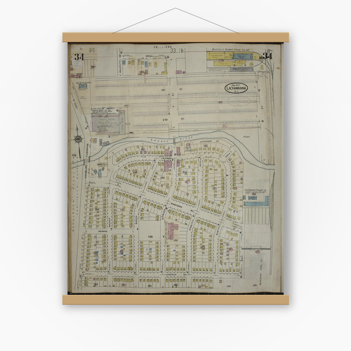 Old map wall art mockup — magnetic wood frame on white wall — Sanborn Fire Insurance Map from Lackawanna, Erie County, New York (1950), Sheet #0034
