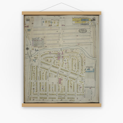 Old map wall art mockup — magnetic wood frame on white wall — Sanborn Fire Insurance Map from Lackawanna, Erie County, New York (1950), Sheet #0034
