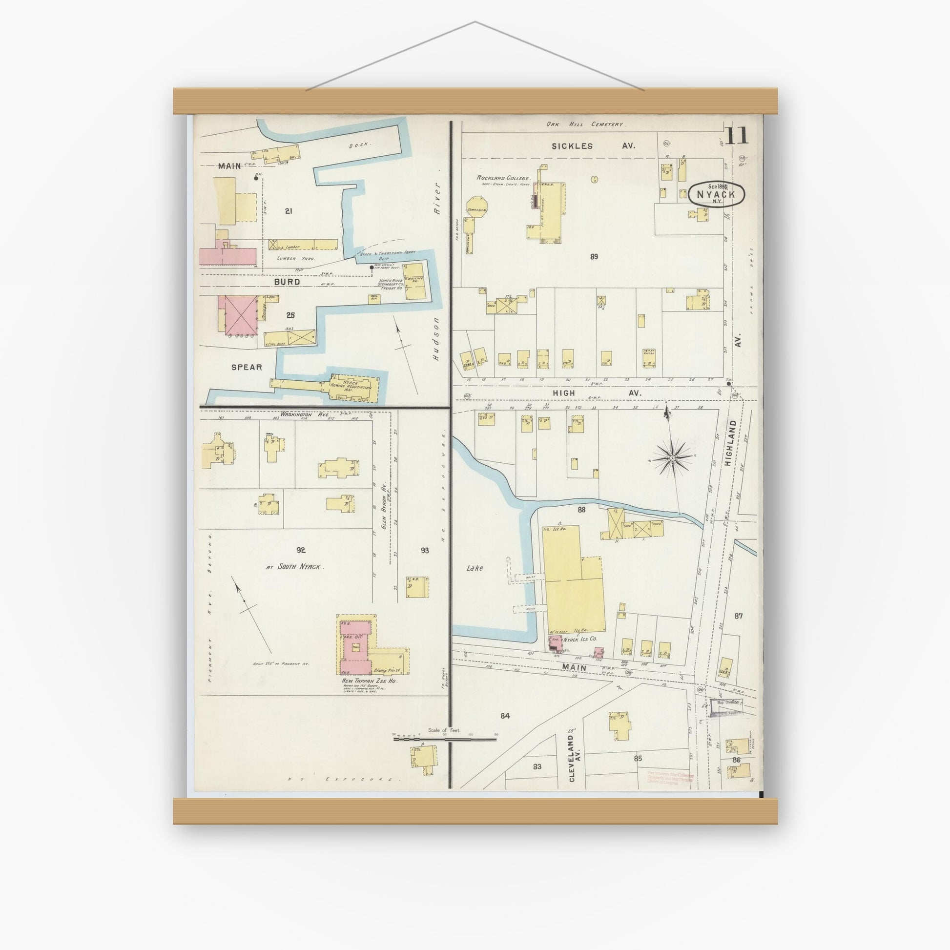 Old map wall art mockup — magnetic wood frame on white wall — Sanborn Fire Insurance Map from Nyack, Rockland County, New York. (1896), Sheet #0011