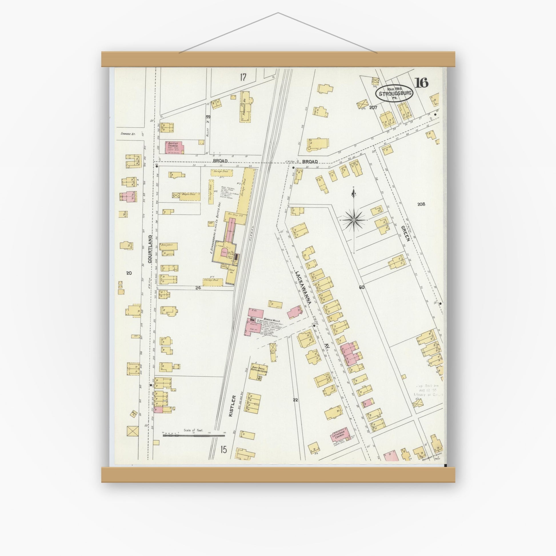 Old map wall art mockup — magnetic wood frame on white wall — Sanborn Fire Insurance Map from Stroudsburg, Monroe County, Pennsylvania (1905), Sheet #0016