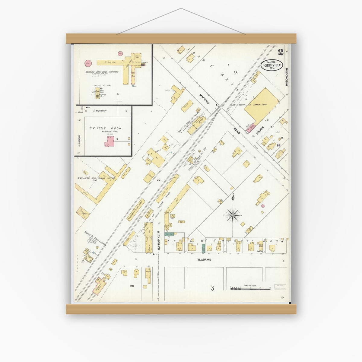 Old map wall art mockup — magnetic wood frame on white wall — Sanborn Fire Insurance Map from Rushville, Schuyler County, Illinois (1906), Sheet #0002
