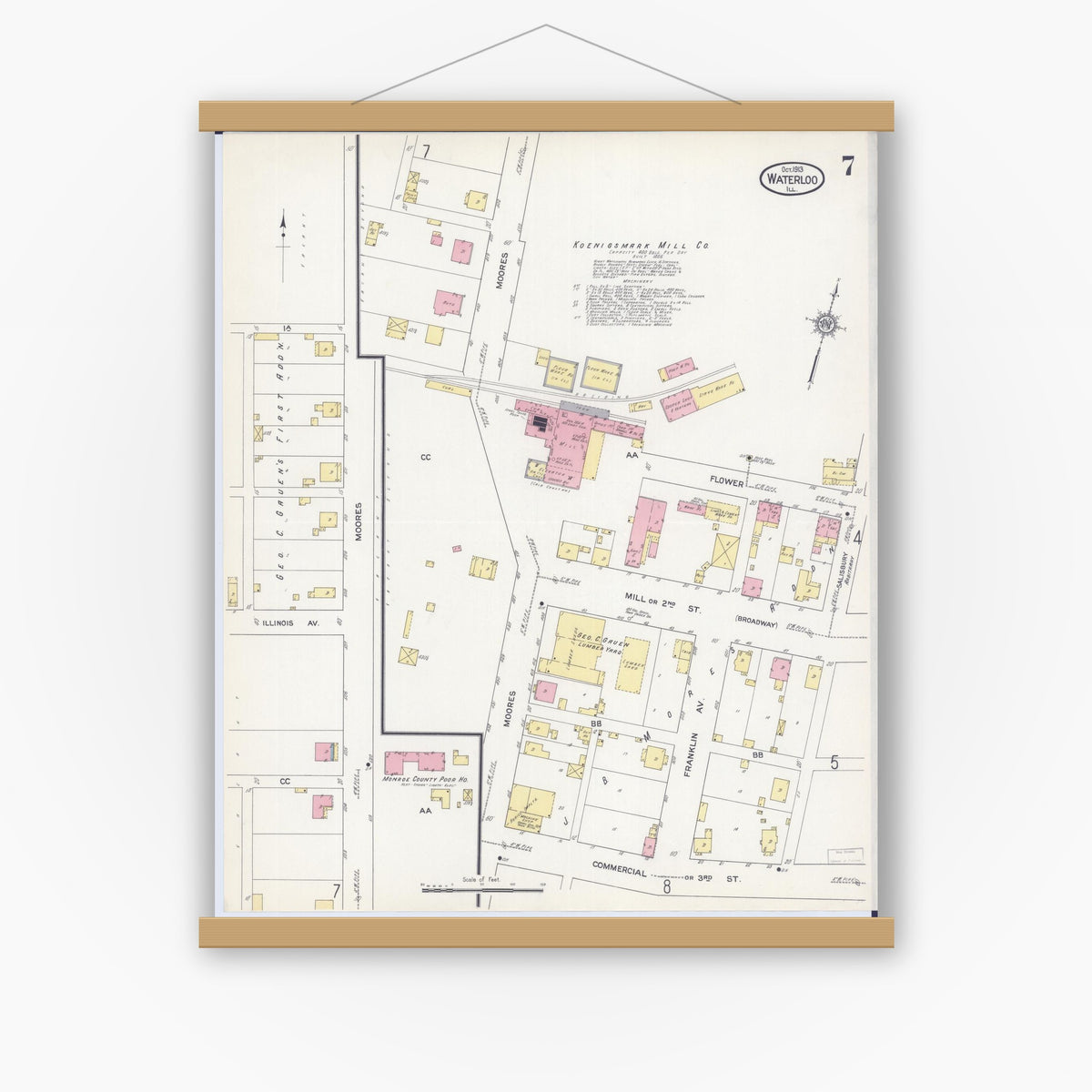 Old map wall art mockup — magnetic wood frame on white wall — Sanborn Fire Insurance Map from Waterloo, Monroe County, Illinois (1913), Sheet #0007