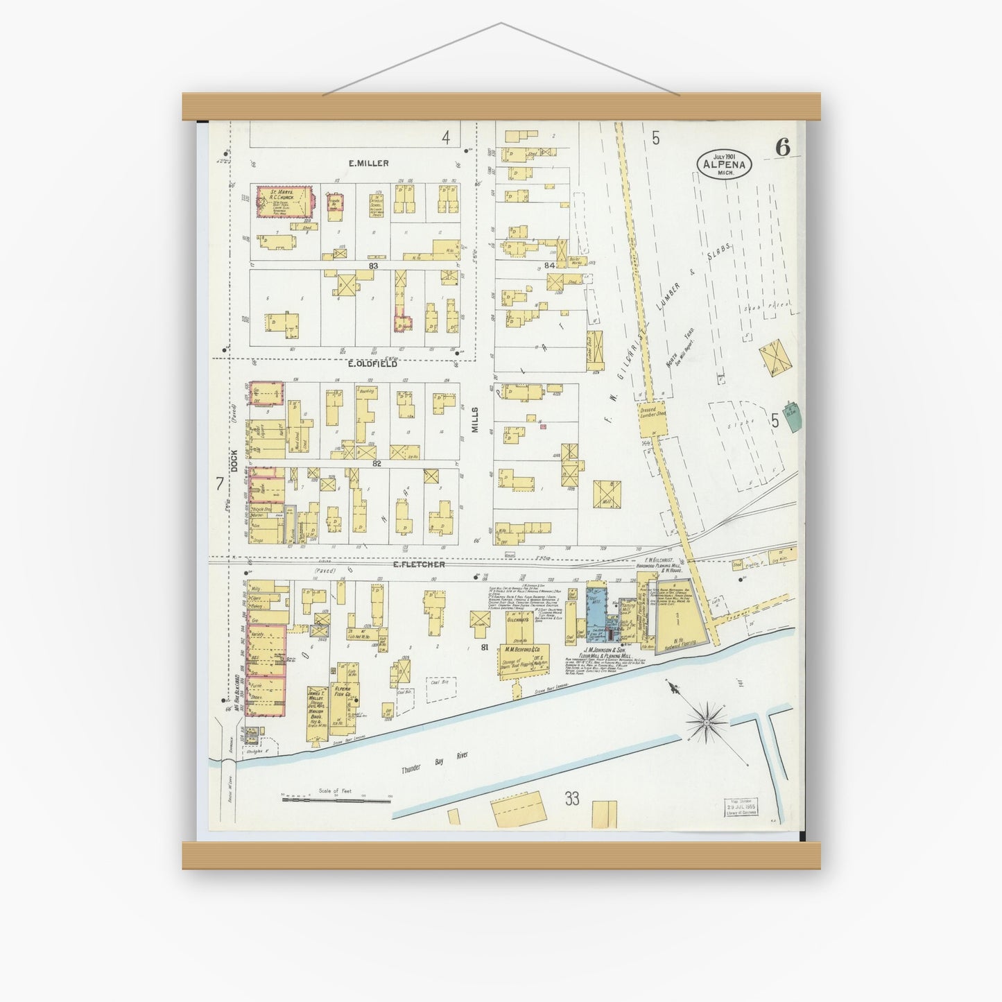 Old map wall art mockup — magnetic wood frame on white wall — Sanborn Fire Insurance Map from Alpena, Alpena County, Michigan (1901), Sheet #0006