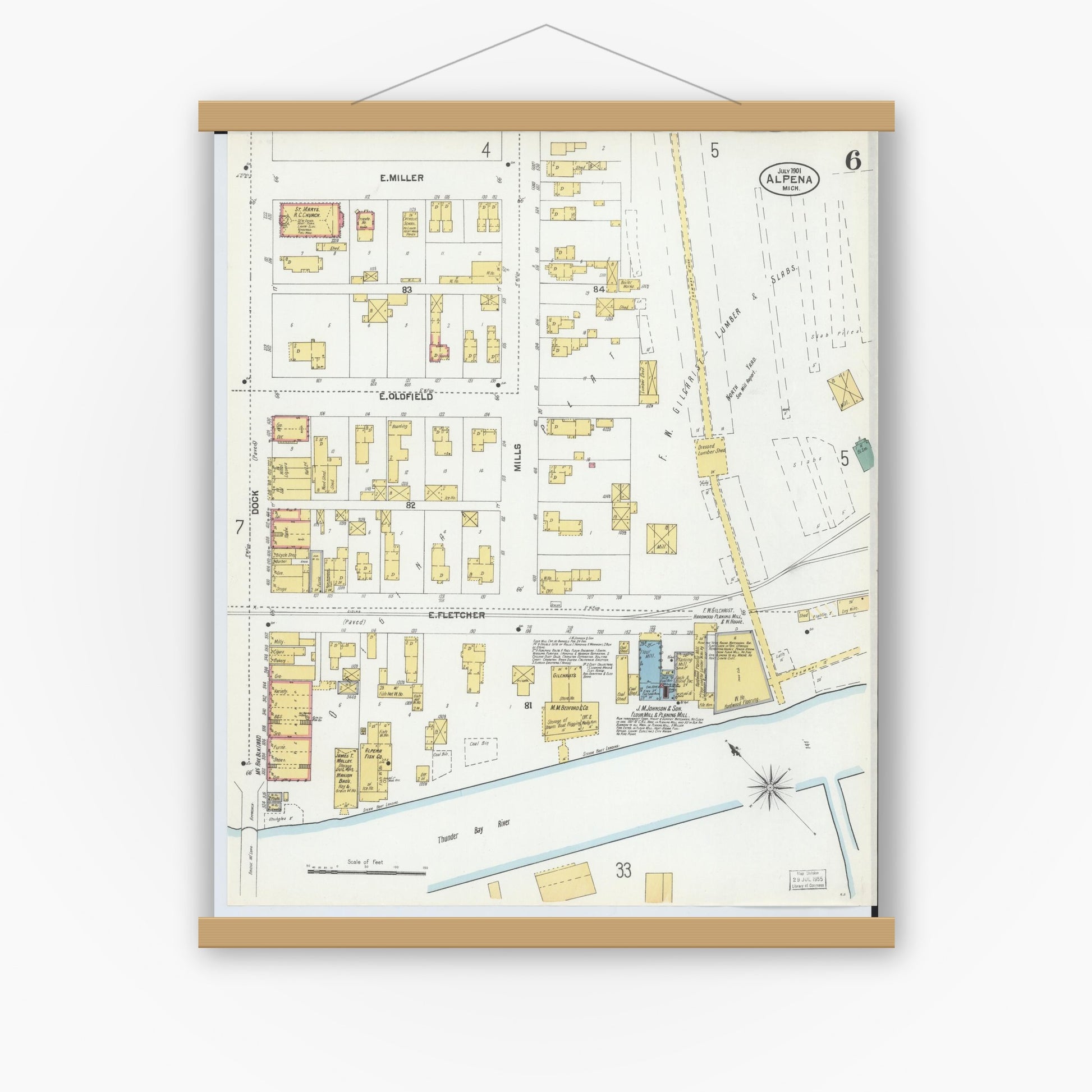 Old map wall art mockup — magnetic wood frame on white wall — Sanborn Fire Insurance Map from Alpena, Alpena County, Michigan (1901), Sheet #0006