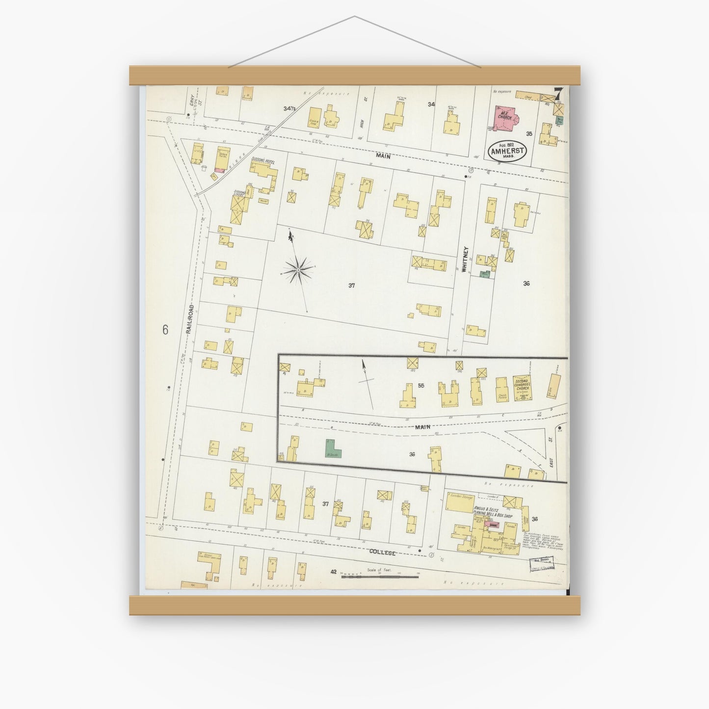 Old map wall art mockup — magnetic wood frame on white wall — Sanborn Fire Insurance Map from Amherst, Hampshire County, Massachusetts (1902), Sheet #0007
