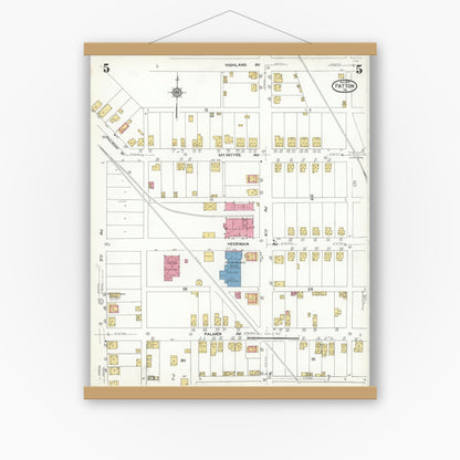 Old map wall art mockup — magnetic wood frame on white wall — Sanborn Fire Insurance Map from Patton, Cambria County, Pennsylvania (1923), Sheet #0005