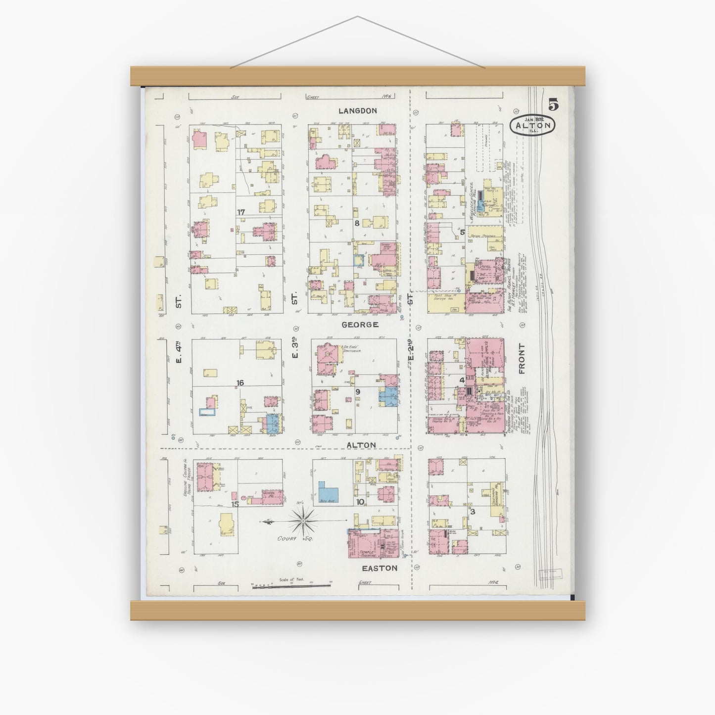 Old map wall art mockup — magnetic wood frame on white wall — Sanborn Fire Insurance Map from Alton, Madison County, Illinois (1892), Sheet #0005