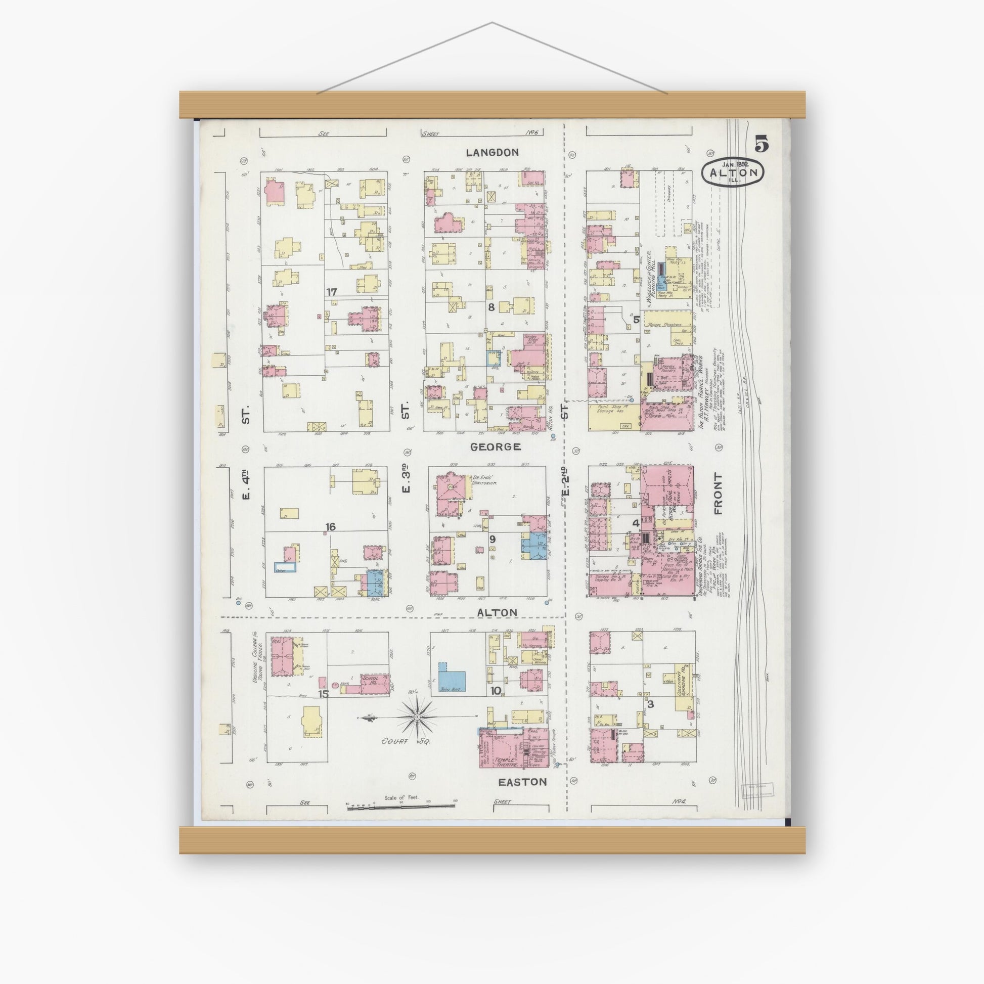 Old map wall art mockup — magnetic wood frame on white wall — Sanborn Fire Insurance Map from Alton, Madison County, Illinois (1892), Sheet #0005