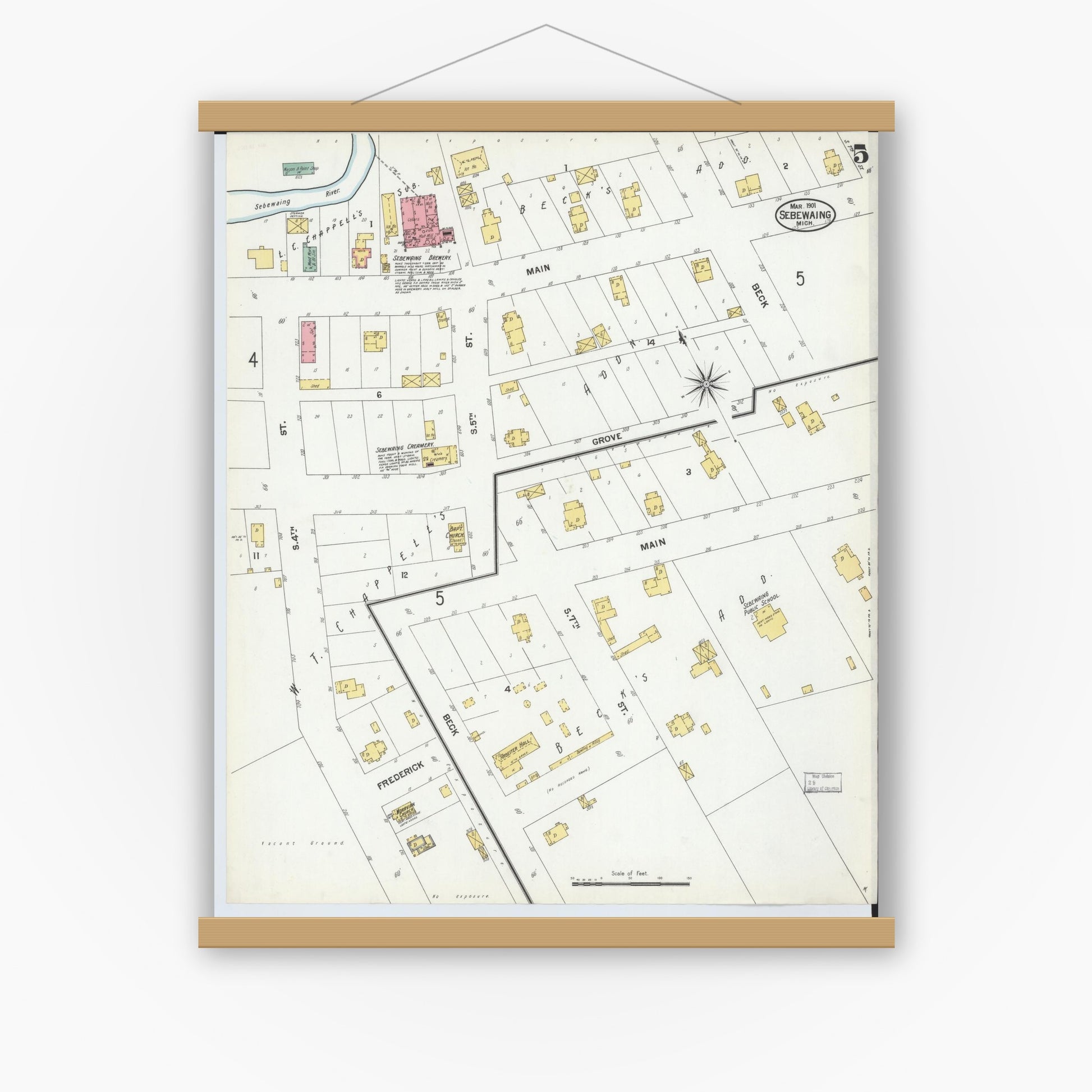 Old map wall art mockup — magnetic wood frame on white wall — Sanborn Fire Insurance Map from Sebewaing, Huron County, Michigan (1901), Sheet #0005